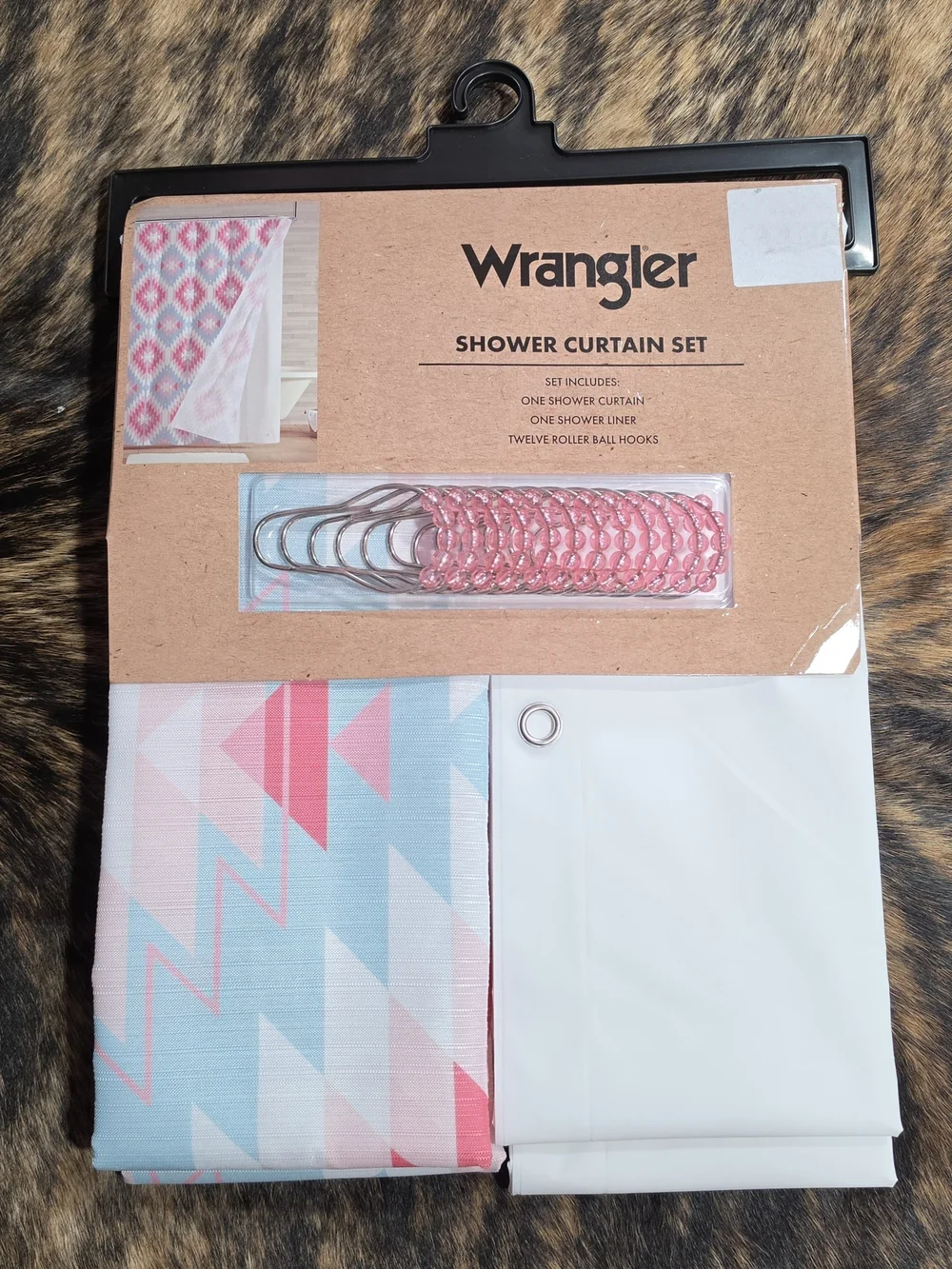 Wrangler Pink & Light Blue Geometric Shower Curtain Set with Pink Hooks